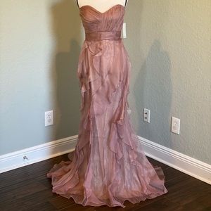 Badgley Mischka Dusty Rose Strapless Ruffled Prom Gown
